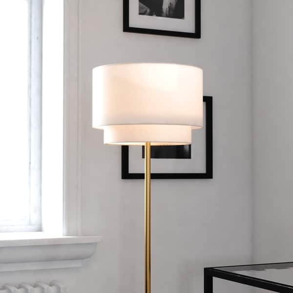 slide 2 of 6, Burnaby Gold Brass Mid-Century Modern Floor Lamp White Linen Shade Pull Chain Switch - 15-in W x 62.5-in H x 15-in D