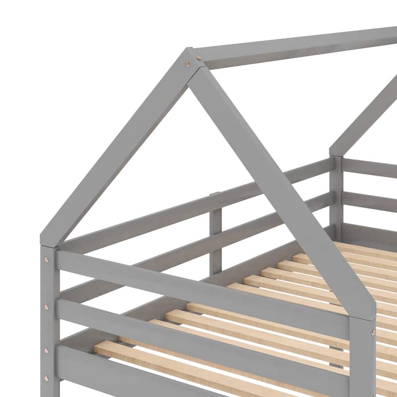 Twin Over Twin House Bunk Bed with Ladder, Low Bunk Design - White