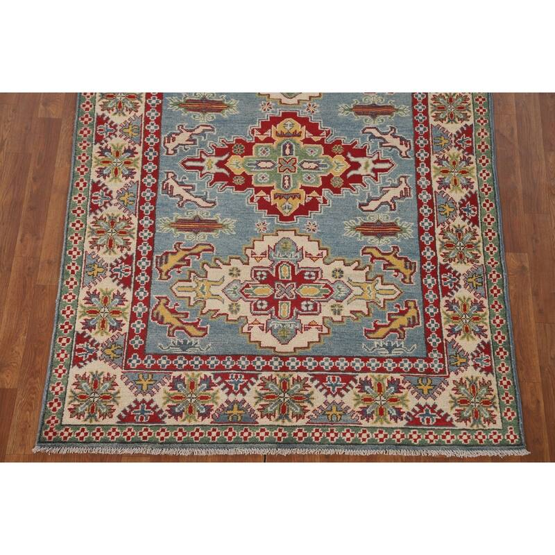 Light Blue Geometric Kazak Area Rug Hand-Knotted Wool Carpet - 4'10" x 6'7"