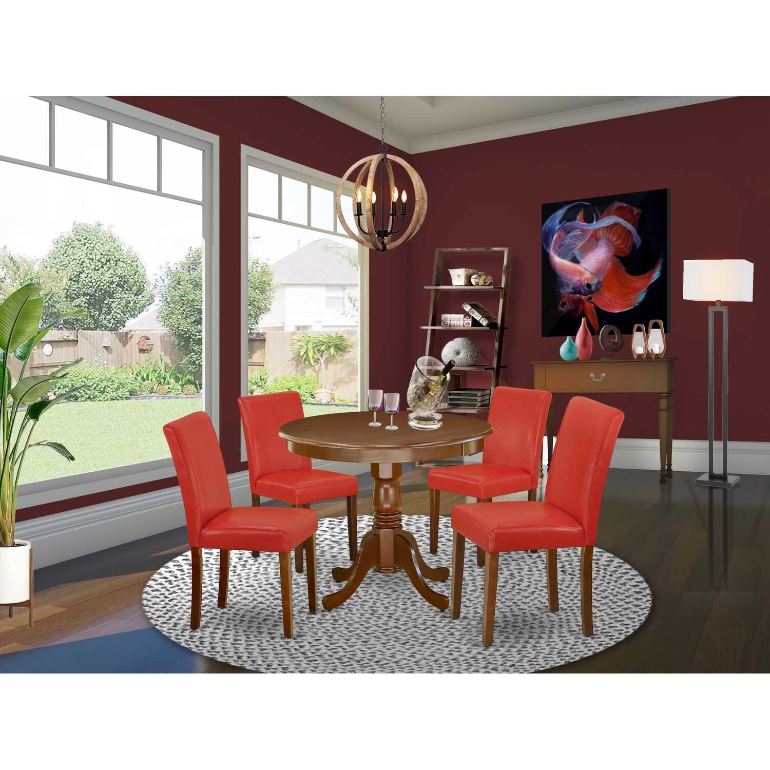 HomeStock 5-Pc Round Mahogany Finish Solid Wood Top Dining Table with 4 Parson Chair