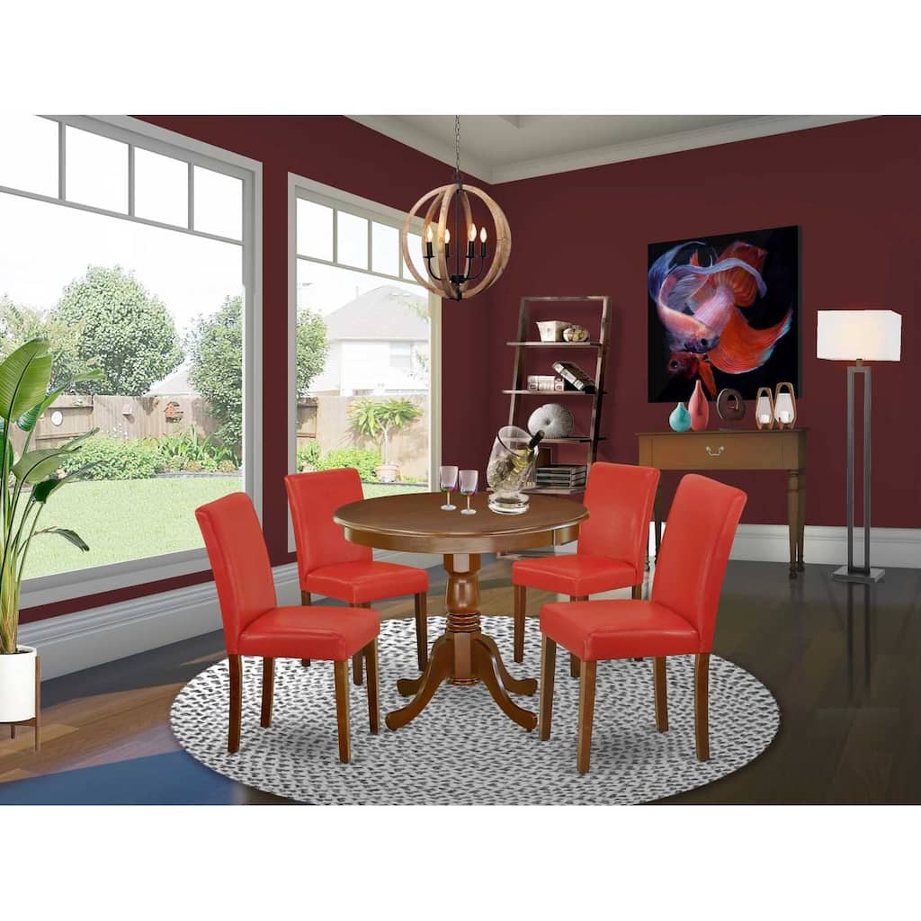 HomeStock 5-Pc Round Mahogany Finish Solid Wood Top Dining Table with 4 Parson Chair