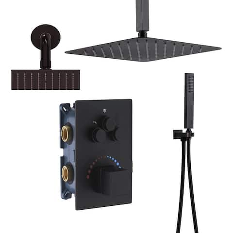 Dual Heads 12" Rainfall & High Pressure 6" Shower System w/ 3 Way Thermostatic Faucet - ORB Bronze - Oil Rubbed Bronze