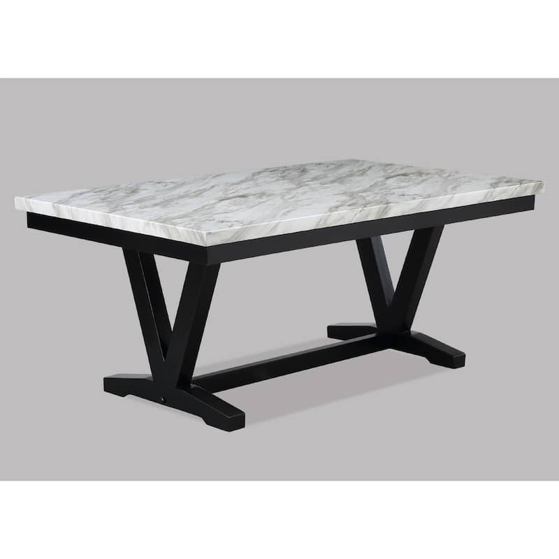 Modern White Faux Marble & Black Dining Room Rectangular Table V-Shape Trestle Design Wooden Base 1pc Furniture