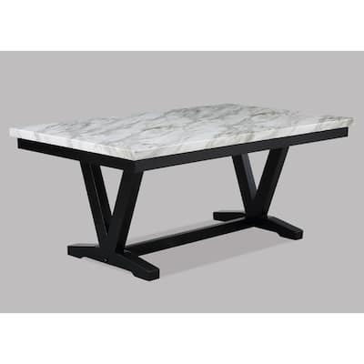 Modern White Faux Marble & Black Dining Room Rectangular Table V-Shape Trestle Design Wooden Base 1pc Furniture
