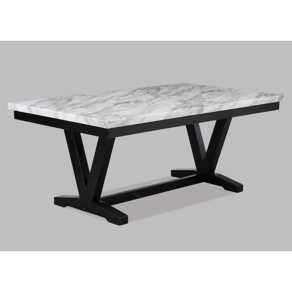 Modern White Faux Marble & Black Dining Room Rectangular Table V-Shape Trestle Design Wooden Base 1pc Furniture