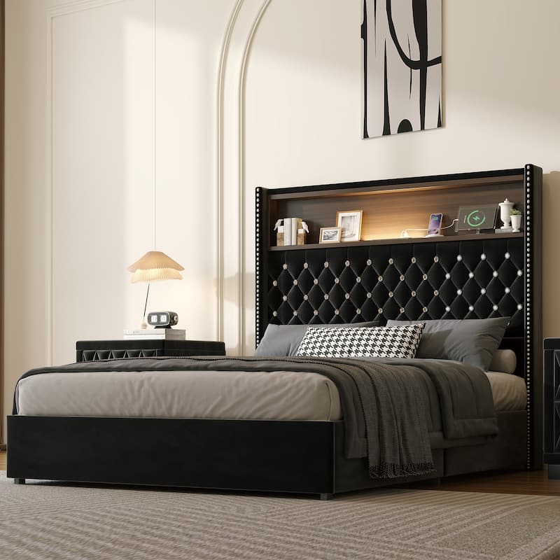 Full Size Velvet Tufted Soft Bed Frame with USB Port and Night Light, 52" High Headboard with Rivet Decoration - Black