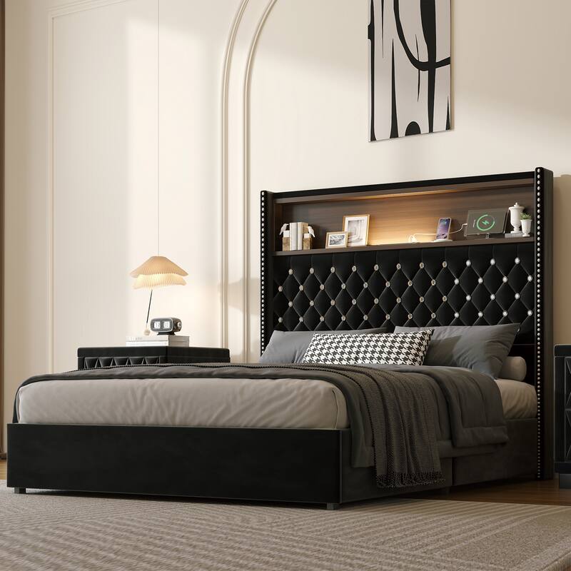 Queen Size Platform Bed Frame Tall Full-backed Headboard Velvet Tufted Upholstered Bed with Wingback USB Charging & Night Light - Black - Full