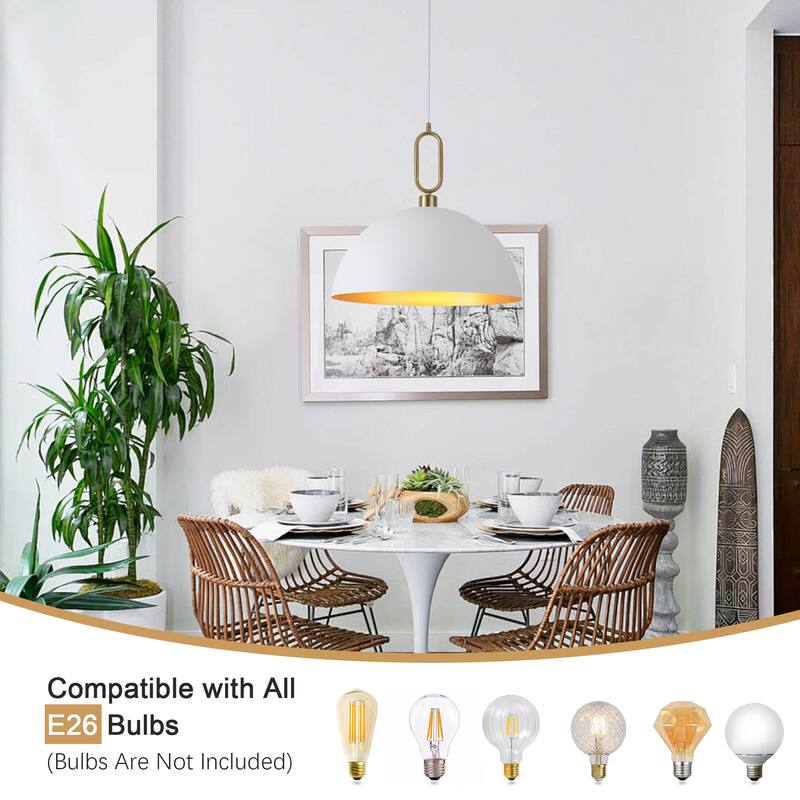 1-Light Industrial Metal Dome Pendant with Golden Ring Accent