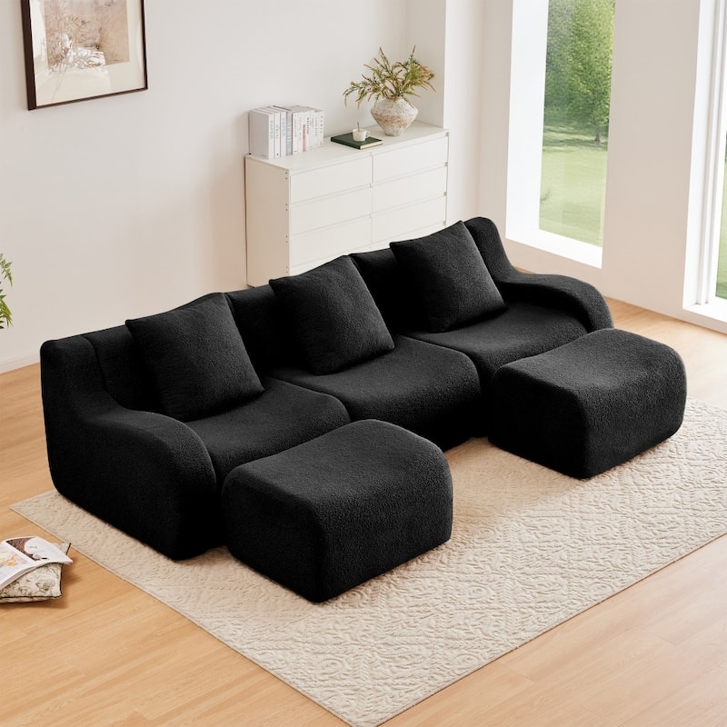115.3" U-shaped Soft Teddy Fabric Boneless Sectional Sofa for Relaxed - Black