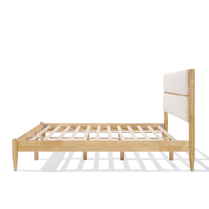 Solid Wood Bed Frame with Panel Upholstered Headboard Mid-Century Modern Platform Bed with Durable Wooden Slats, Easy Assembly