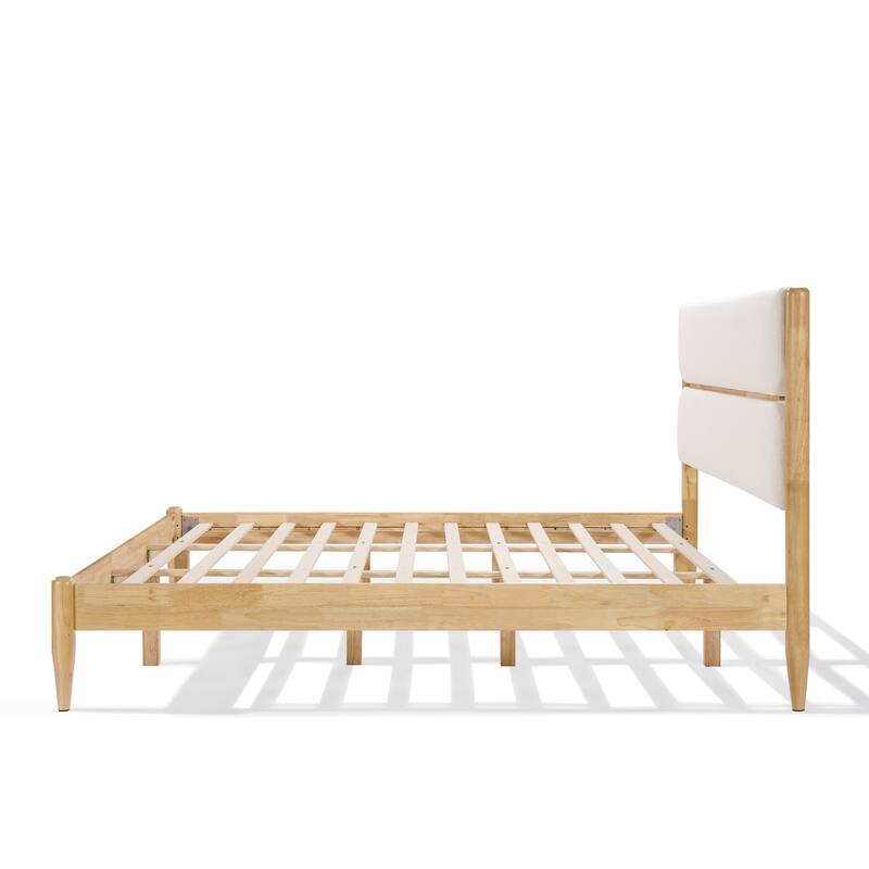 Solid Wood Platform Bed Frame with Ivory Fleece Upholstered Headboard, Wood Slats Support and Center Wood Legs