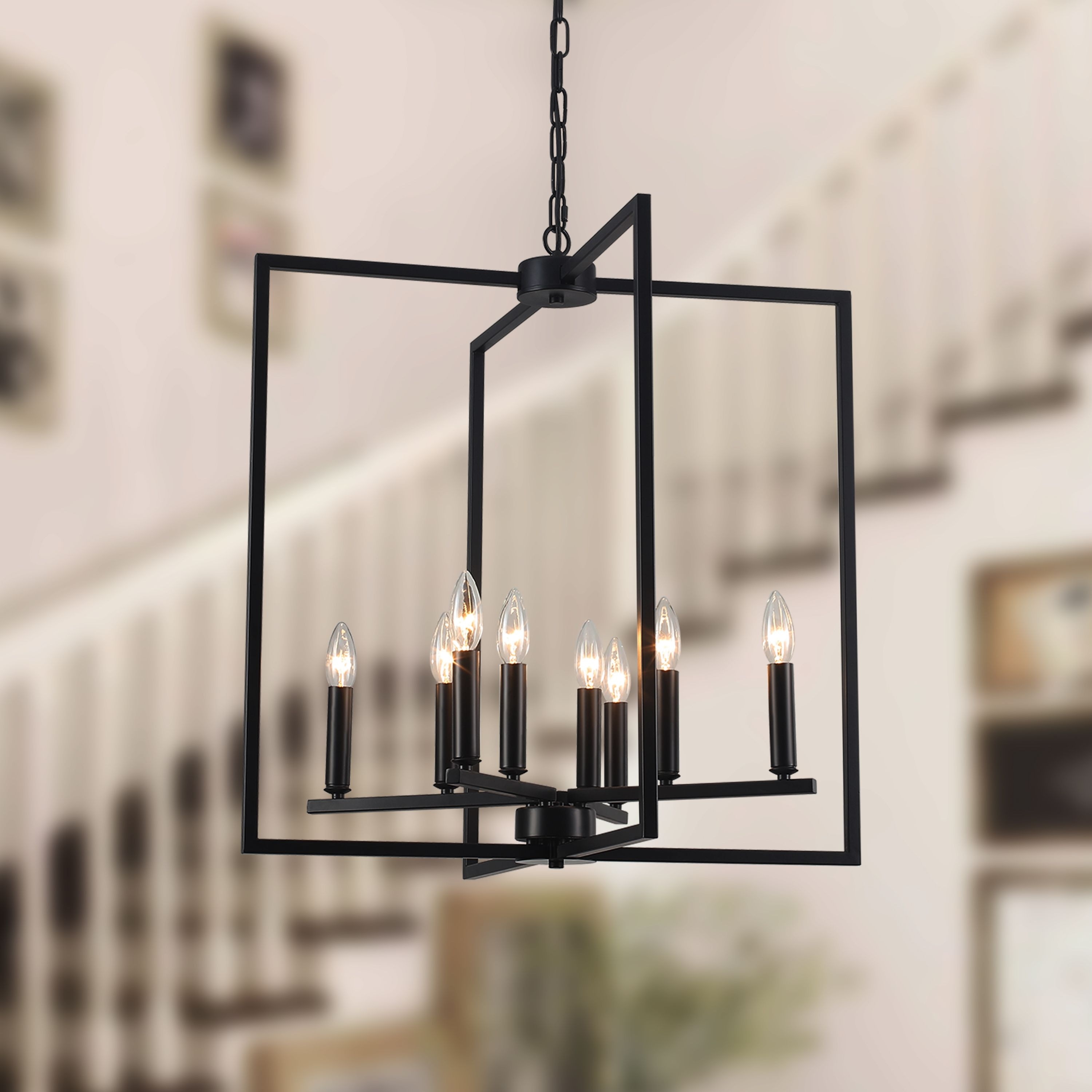 Starsky 8 - Light Square Farmhouse Chandelier Hanging Light Fixture with Black Metal Frame