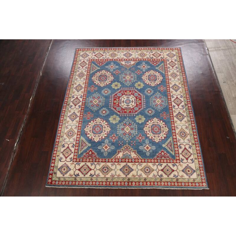 Traditional Geometric Kazak Oriental Wool Area Rug Hand-knotted Carpet - 7'11" x 9'11"