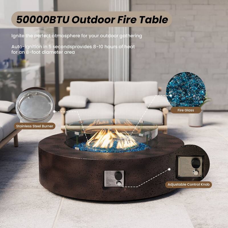 SUNBURY 42''Round Propane Fire Pit w Wind Guard and Fire Glass