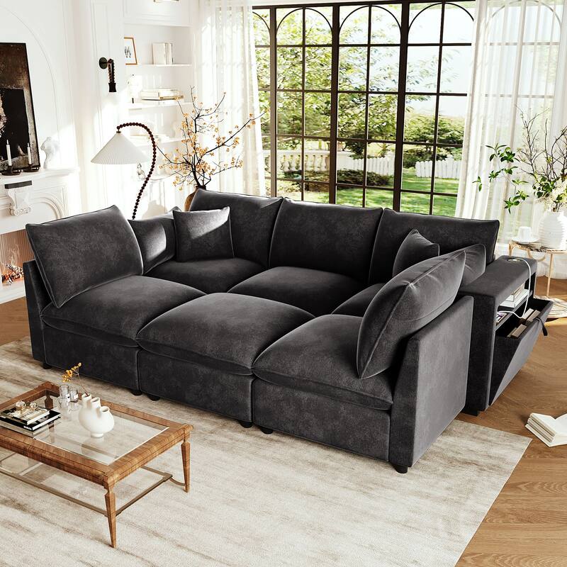 Large Modular Sectional Sofa for Living Room, U-Shaped & L-Shaped Sleeper Sofa Bed with Ottoman & USB Ports - Black