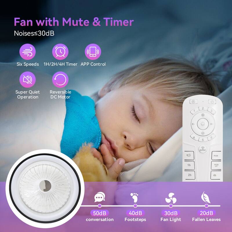15"/19''/20"/42" RGB Color Dimmable LED Ceiling Fan with APP & Remote Control 6 Wind Speed, with Bluetooth Speaker Optional