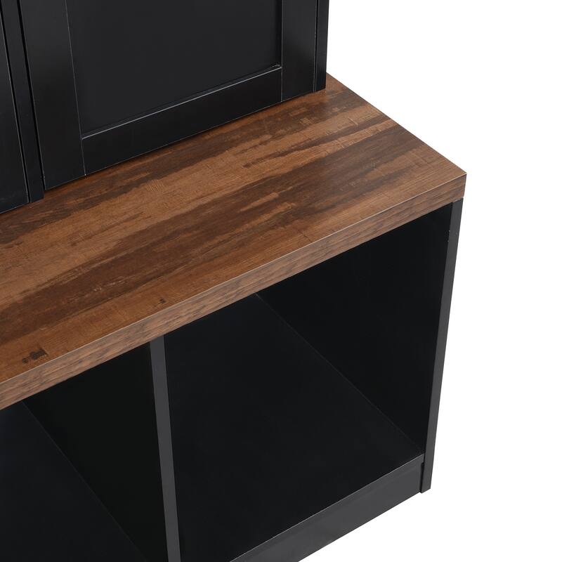 Versatile Hall Tree with 4 Hanging Hooks, Brown Wood Grain Bench with Multiple Storage Space