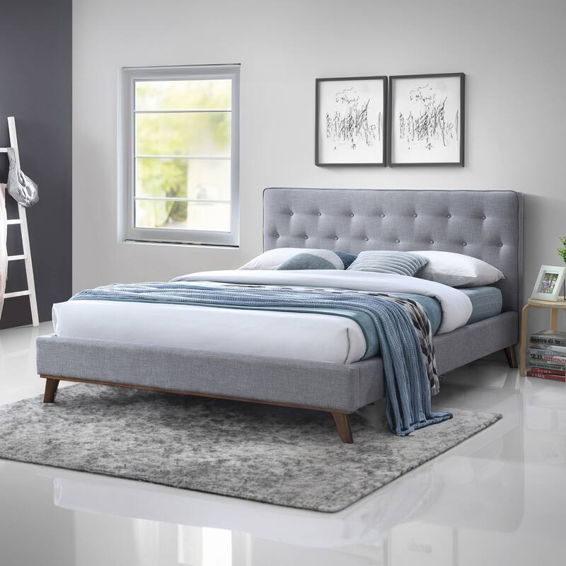 Alina Mid-Century Linen Upholstered Queen/King Platform Bed - Light Grey - King