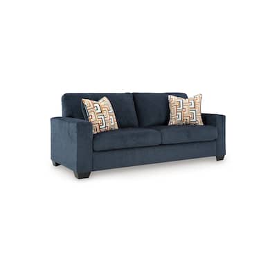 Avie Sofa, 2 Accent Pillows, 85 Inch, Black, Soft Navy Blue Polyester
