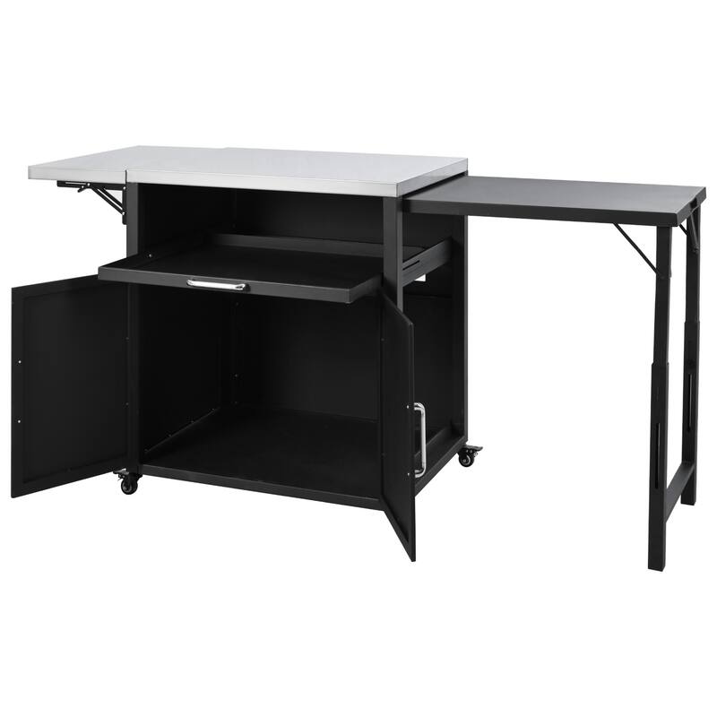 Outdoor Kitchen Cabinet with Foldable Steel Worktop, Wheels & Drawer