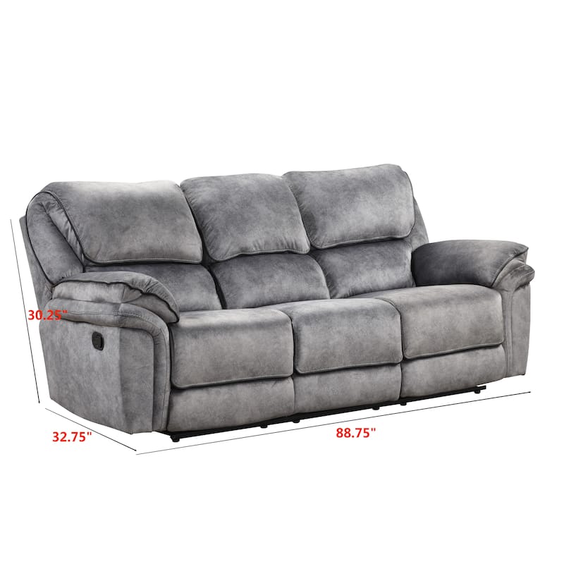 Rory Gray Manual Microsuede Reclining Sofa with Drop Down Power Outlet and Cup Holders