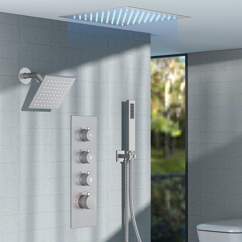 Dual LED Shower Head 12" Rainfall & 6" High Pressure Shower System w/ 4 Way Thermostatic Shower Faucet Set - Brushed Nickel