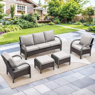 Outdoor 3-Seat Sofa 2 Single Chair and 2 Ottoman - Beige Cushion - Brown