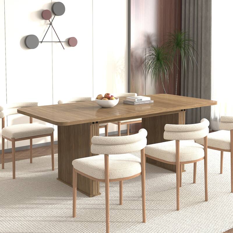 Modern Dining Table for 6-10 People, Wood Kitchen Table with Double Robust Pedestal - Brown