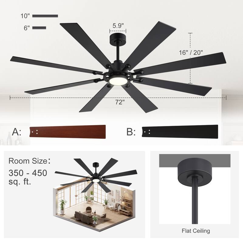 Large 72" Reversible 8-Blade Integrated Ceiling Fan with LED Light and Remote
