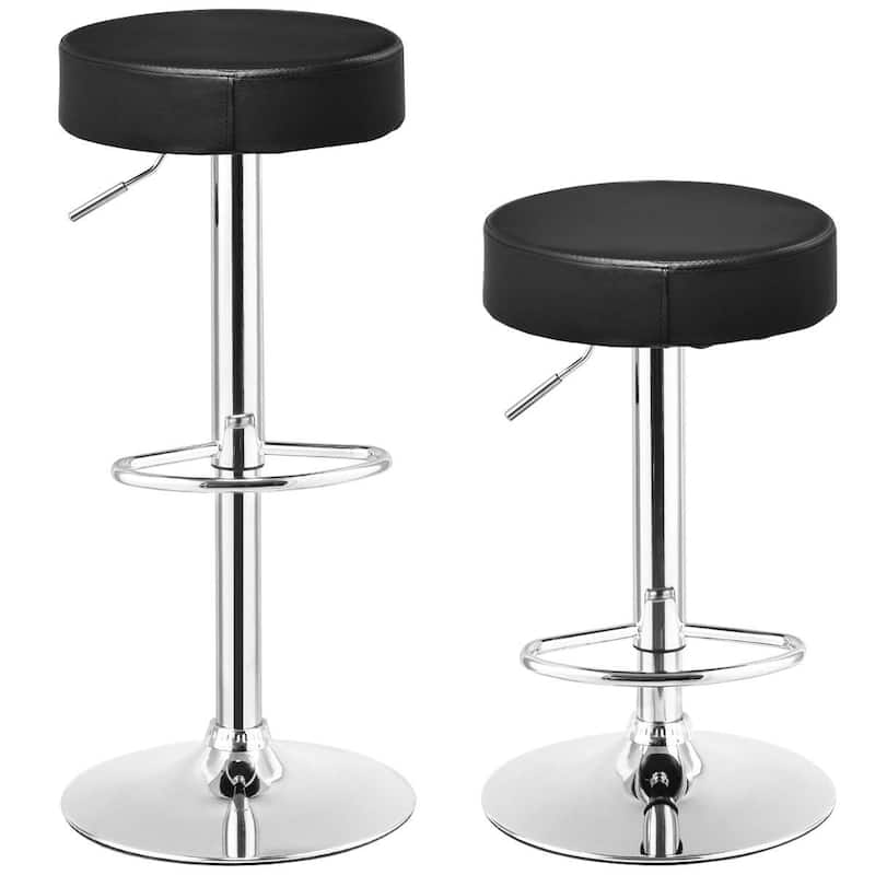 Set of 2 Adjustable Round Leather Seat Swivel Bar Stool-Black - 15"x 25.5"-33" (Diameter x H)