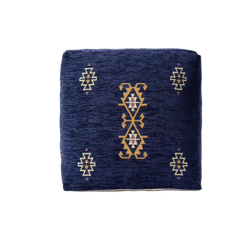 Sevita Navy/Mustard Traditional Damask Polyester Blend Pouf - 18" x 18" x 18" - Navy/Mustard