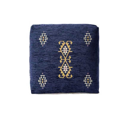 Sevita Navy/Mustard Traditional Damask Polyester Blend Pouf