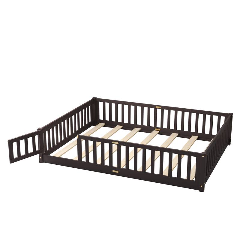 Floor Platform Bed with Fence Guardrails and Door