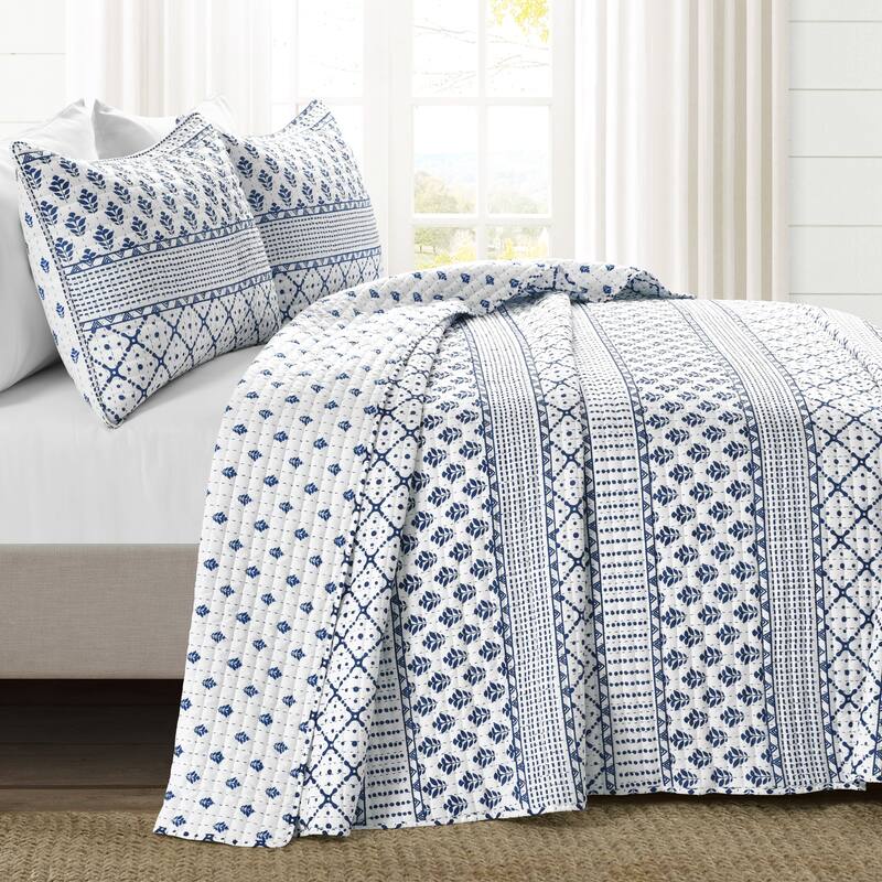 Lush Decor Monique Stripe 3 Piece Quilt Set - Navy & White - King