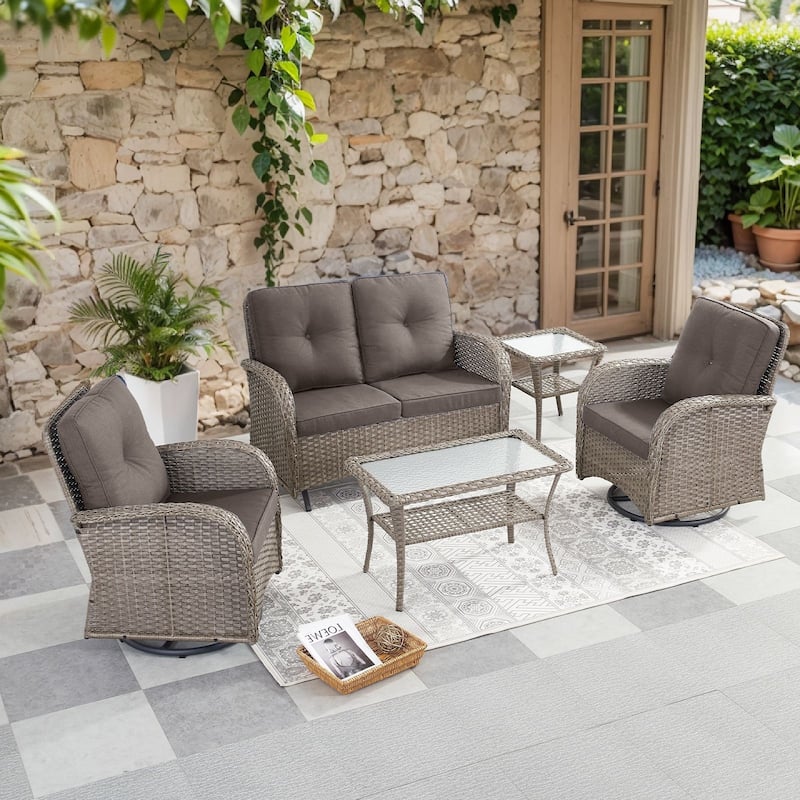 Pocassy 5 Pieces Glider Sofa with Swivel Chairs Ottomans - Gray Wicker - Gray cushion
