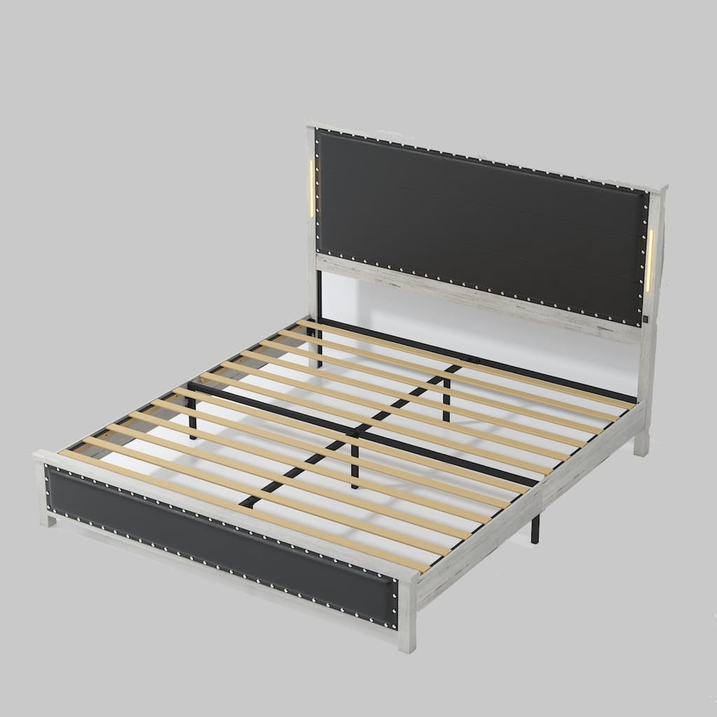Modern King/Queen Bed Frame with Faux Leather Headboard, LED Lights, Charging Station, and Wooden Slats - Easy Assembly