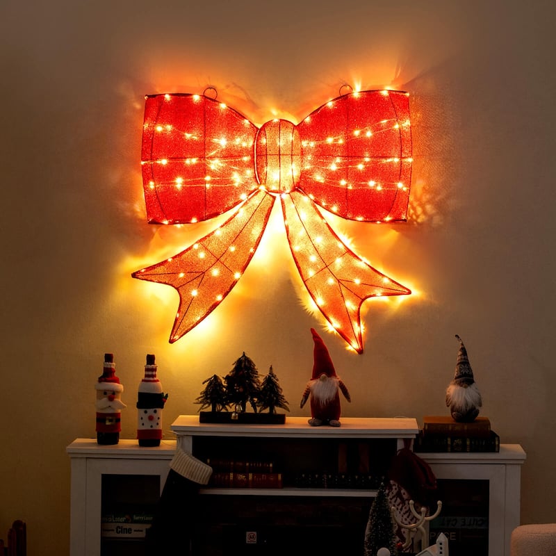 Costway 37” Lighted Christmas Bow Decoration with 150 Warm White LED - Red - See Details - Red