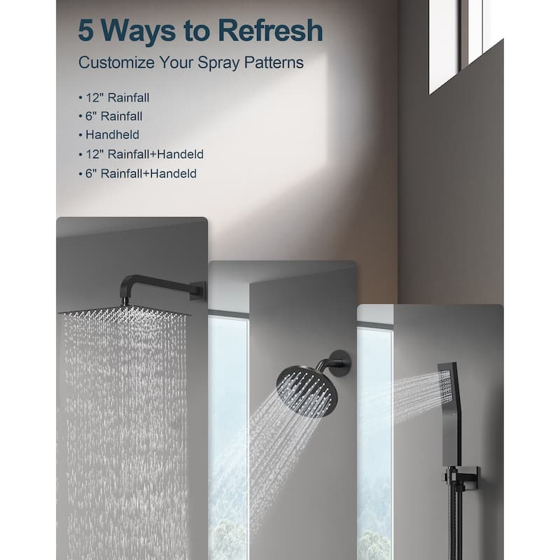 GRANDJOY Dual Shower Heads 12" Rainfall Thermostatic Shower System Faucet Set with Rough-in Valve