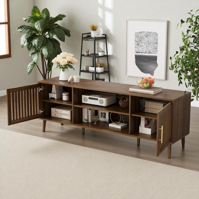 63" Walnut Media Console with 2 Grille Doors, Soft-Close Hinges, Adjustable Storage, Fits TVs up to 70", Farmhouse TV Cabinet