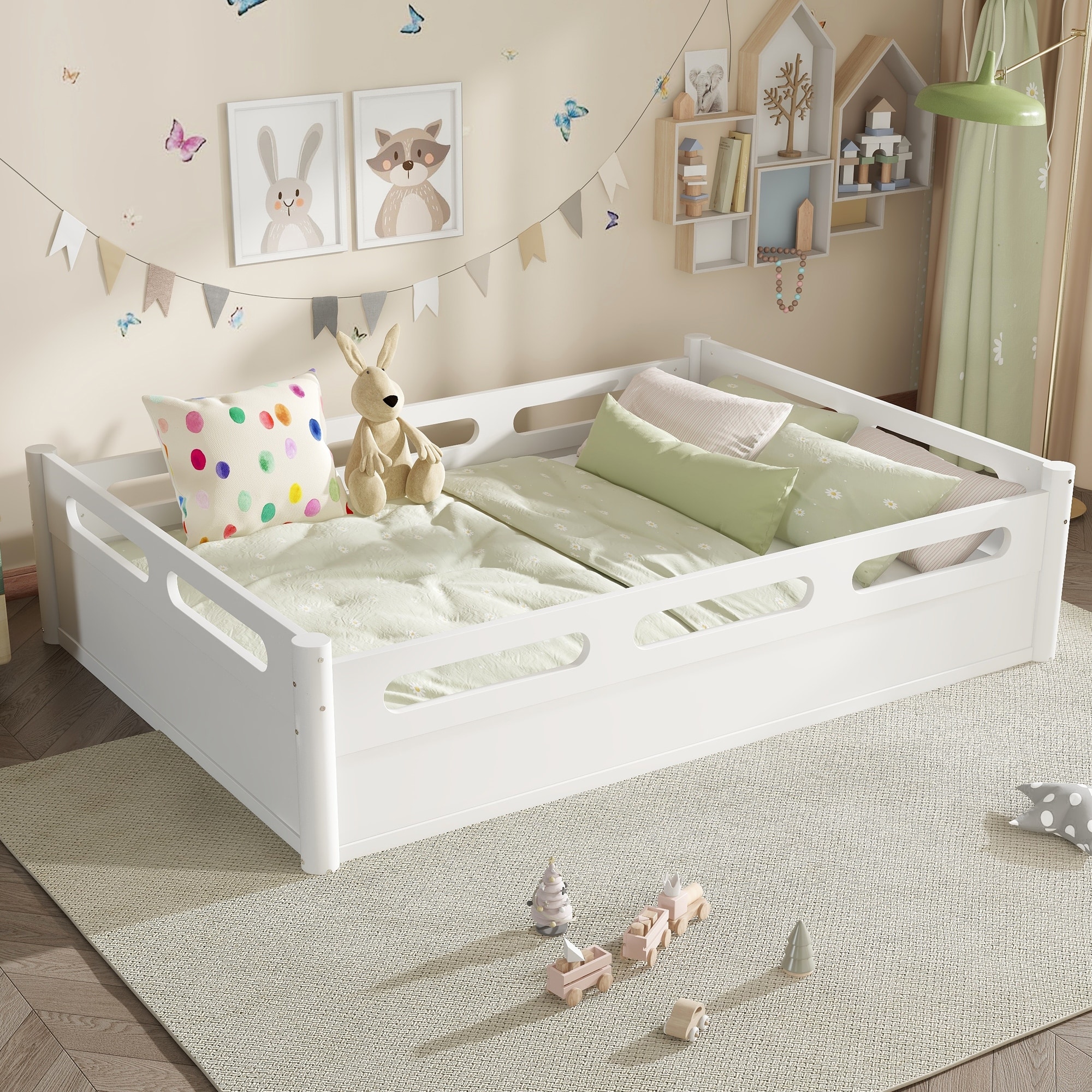 Full Size Floor Platform Bed with Full-length Guardrails,Low Profile Bed Frame with Wood Slats Support,No Box Spring Needed