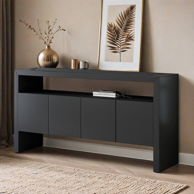60" 4-Door Sideboard, Modern Minimalist Solid Wood Veneer Sideboard with Open Shelf, Natural Wood Grain
