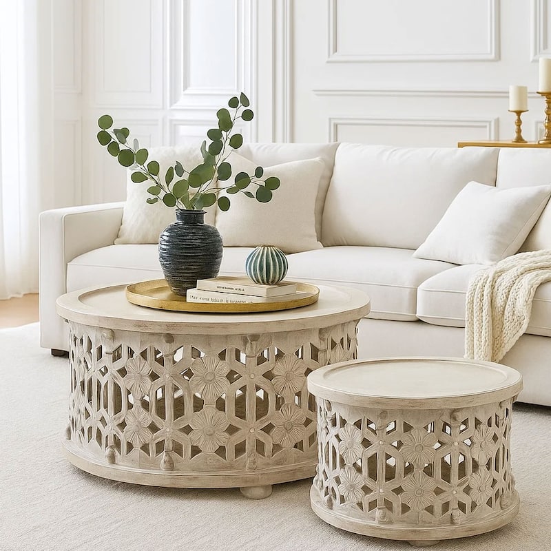 30 Inch Round 2 Piece Wood Coffee Table Set, Carved Floral Design, Antique White - White - Wood
