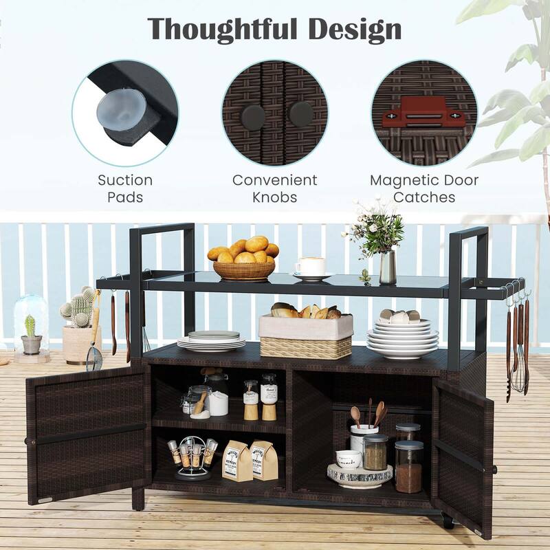 Costway Outdoor Bar Cart with Tempered Glass Top Storage Cabinet & 8 - See Details