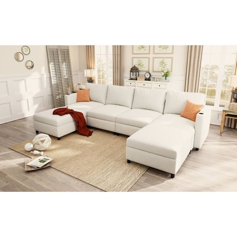 Oversized Sectional Sofa Set, Convertible L Shaped Couch Sofa Bed with Storage, 6 Seater Modular Sofa with Ottomans and Chaise