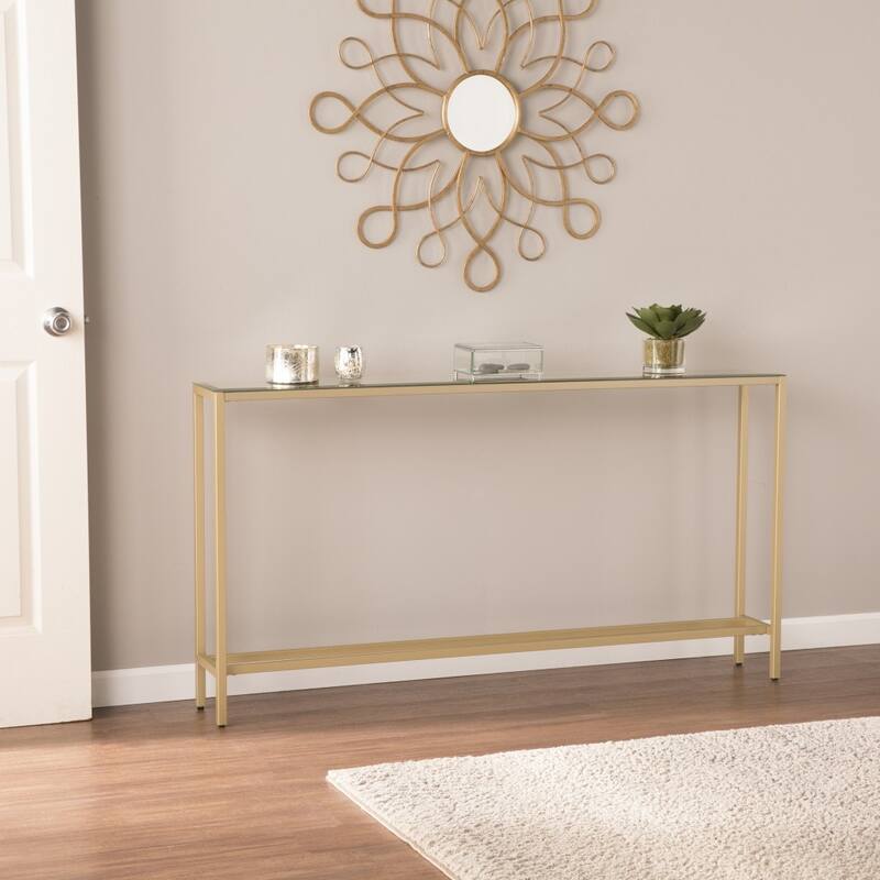 Silver Mirrored Glass Console Table, Gold Metal Legs and Modern Style - 56” L x 8” W x 30” H