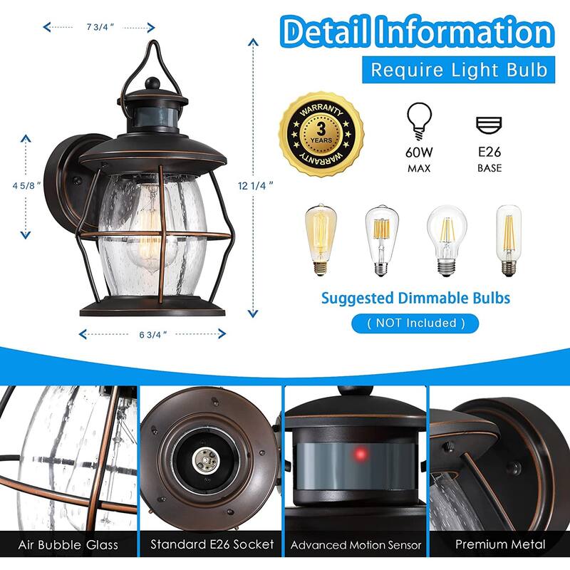 Motion sensor wall lights dusk to dawn wall sconce light fixture farmhouse glass porch light