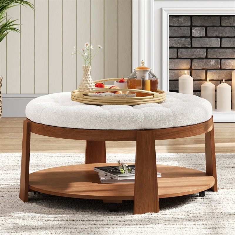 Modern Large Round Ottoman Coffee Table 2-Tier Oversized Button Tufted Ottoman with wheels - Ivory White