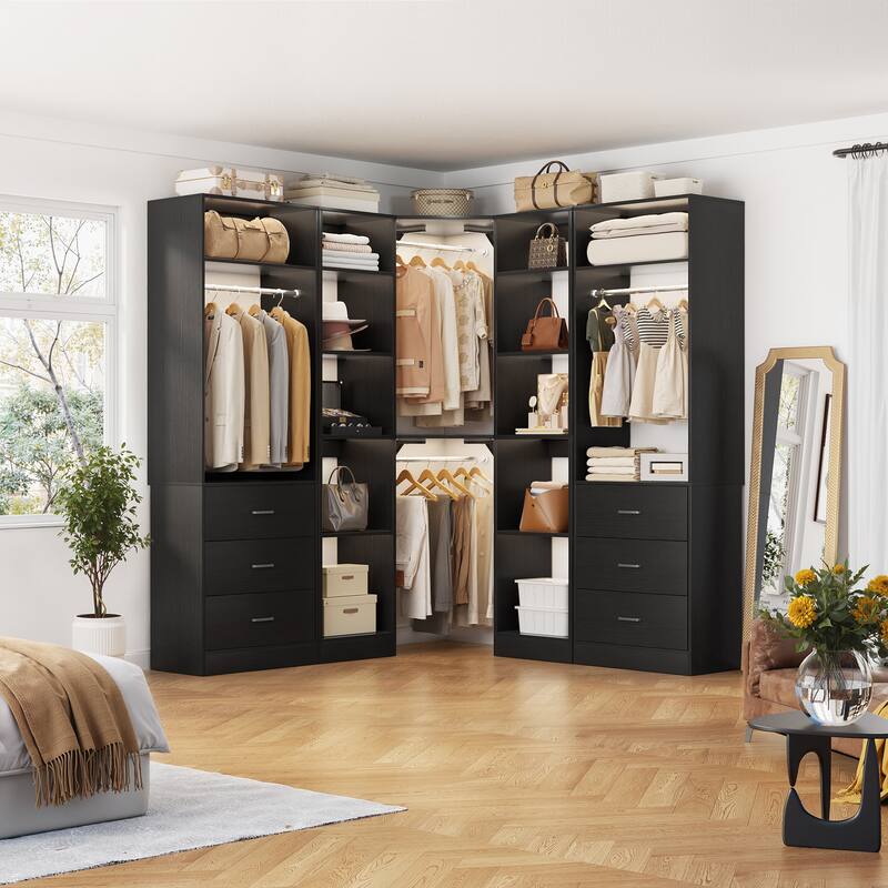 Corner Closet System with 6 Drawers & 4 Hanging Rods,Set of 3,Reversible Walk-in Closet Organizer System with Adjustable Shelves - Black