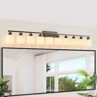 10-Light 65.4" Black Bathroom Vanity - White Glass - Wall Light for Bedroom Mirror