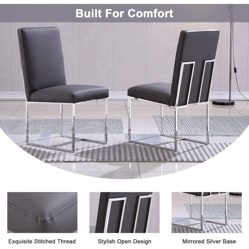 Grey PU Leather Dining Chairs with Mirrored Stainless Steel Legs - Set of 2